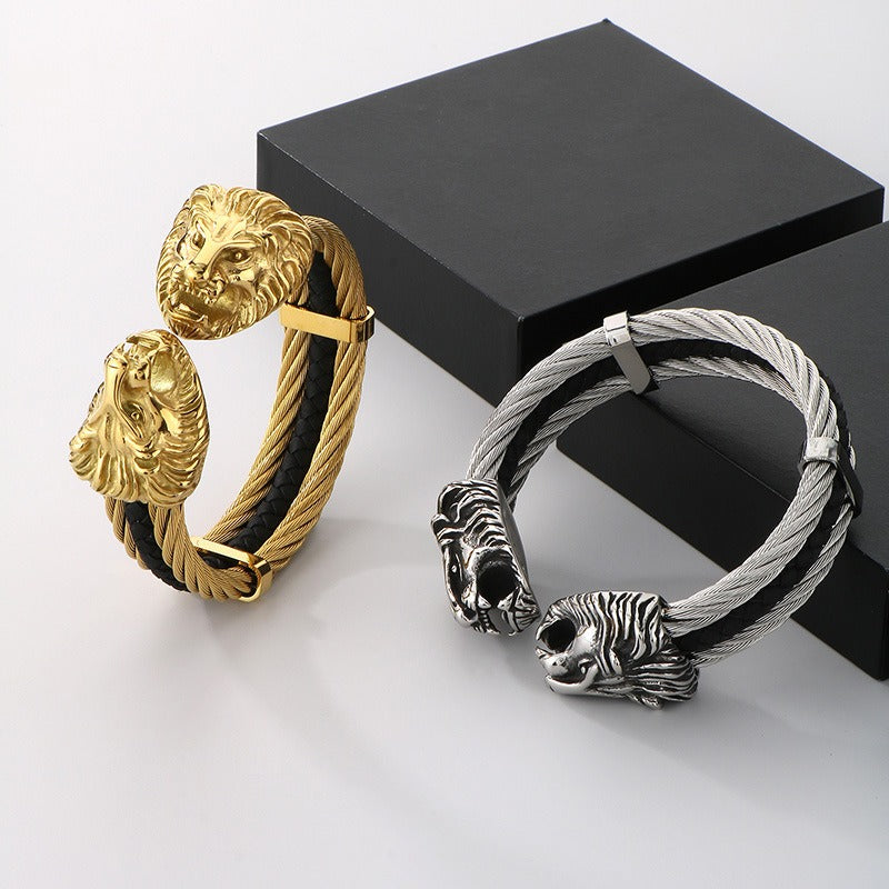 Kemstone Titanium Steel Lion Head Open Cuff Bracelet for Men – Steel Cable KB167192-KFC