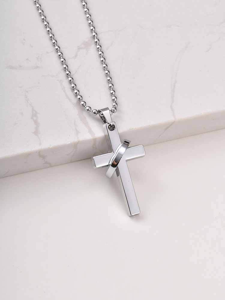 Kemstone Stainless Steel Cross Ring Pendant Necklace for Men Silver Black NC-3002