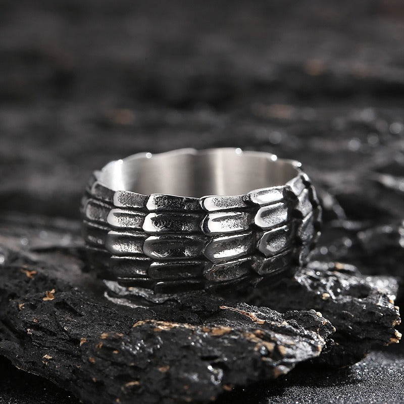 Kemstone Blackened Dragon Scale Ring - Raw-Edged Punk Jewelry for Rebellious Souls KR103316-KJX