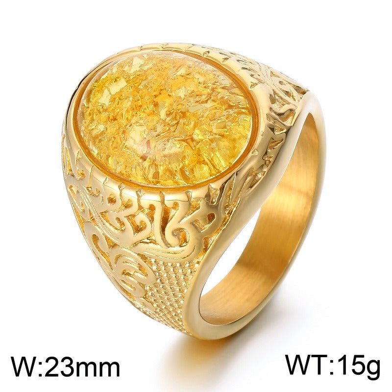 Kemstone Viking Rune Ring – Cracked Stone Titanium Steel Band for Men, Norse Mythology Gothic Style KR110138
