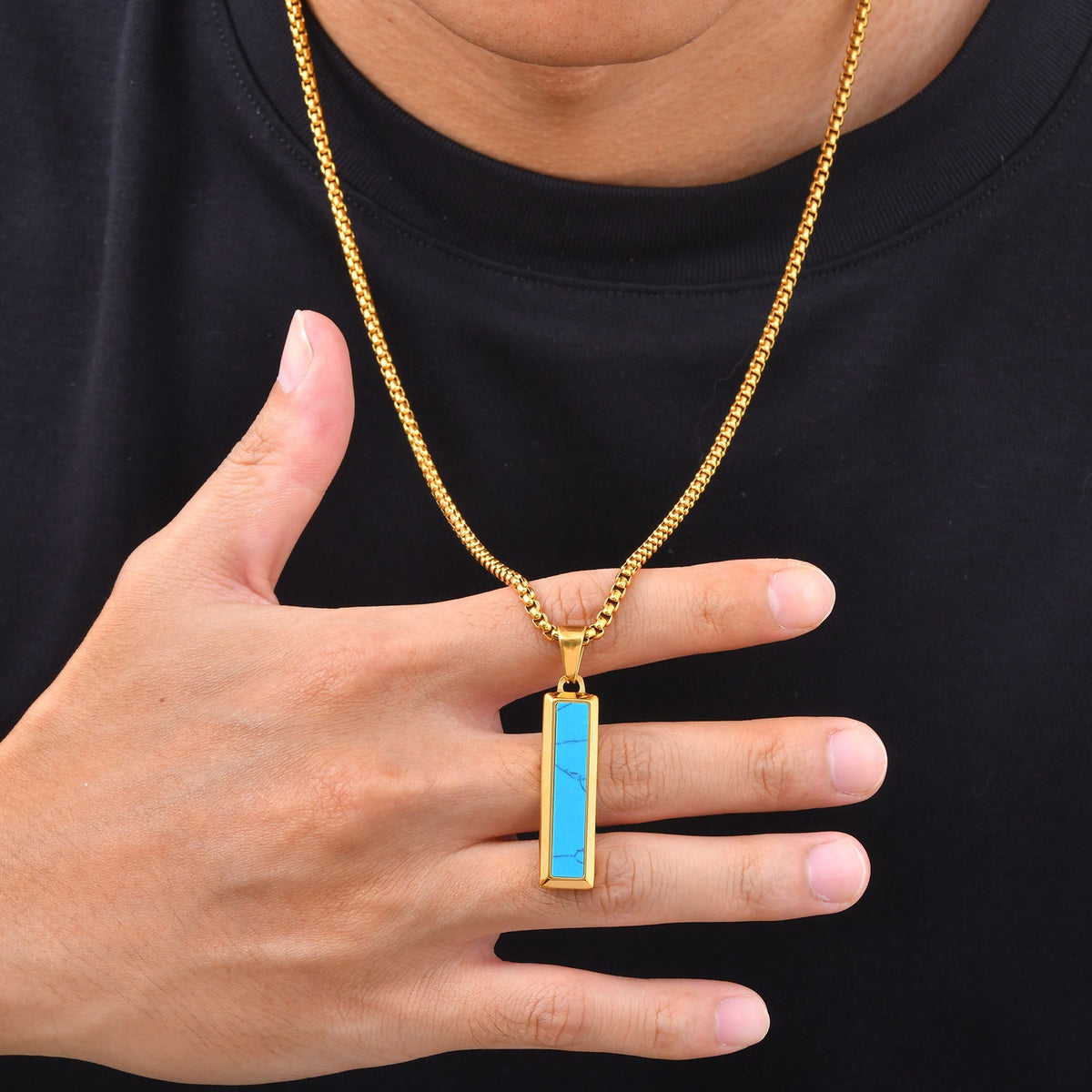 Kemstone Geometric Bar Pendant Necklace for Men Stainless Steel Tiger Eye & Turquoise Styles PN-2221