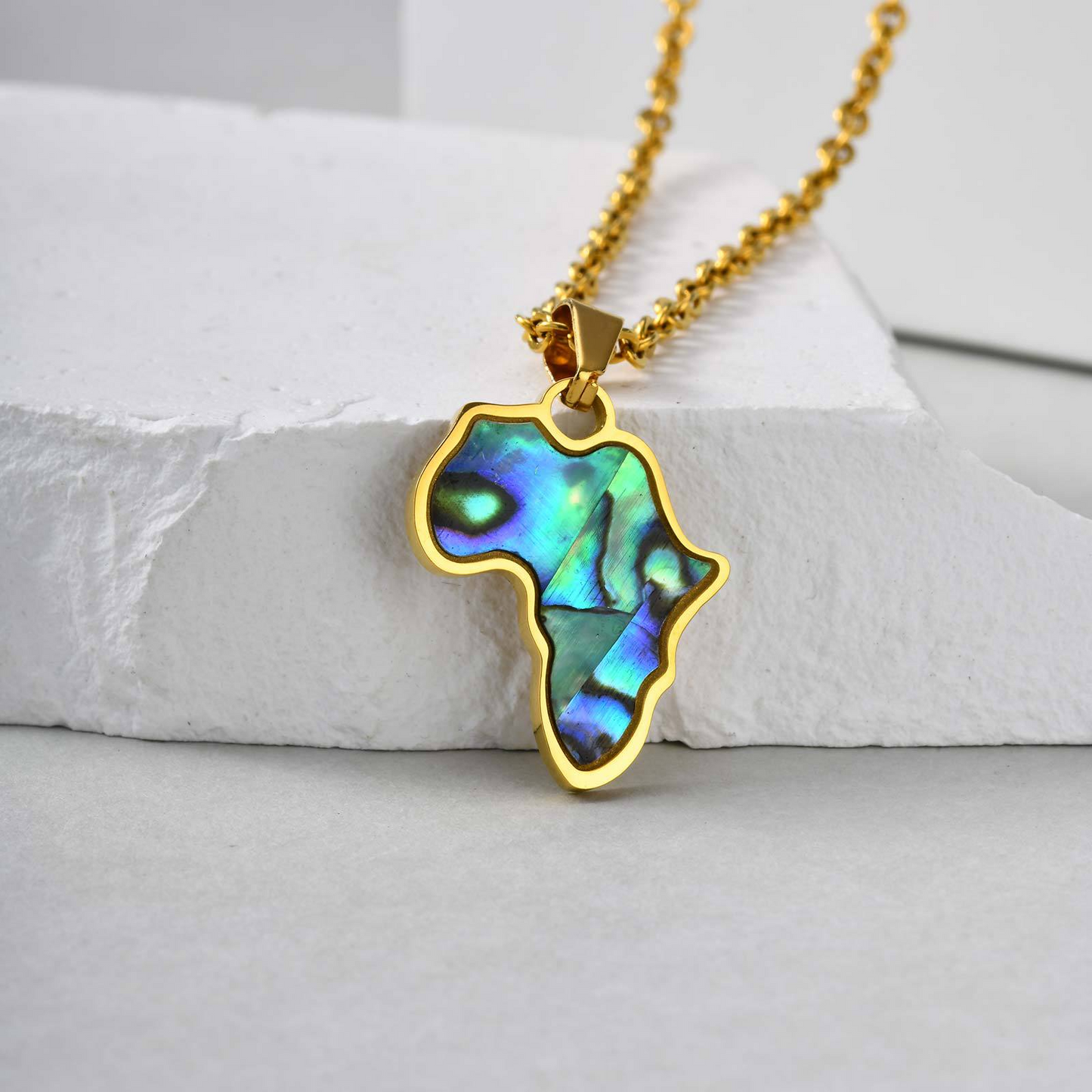 Kemstone Stainless Steel Africa Map Pendant Necklace – Abalone Shell Style for Men & Women PN-2185