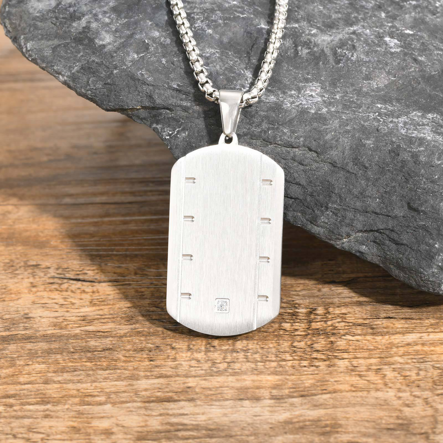 Stainless Steel Square Pendant Necklace for Men – Beveled Edge with Single Cubic Zirconia PN-2109
