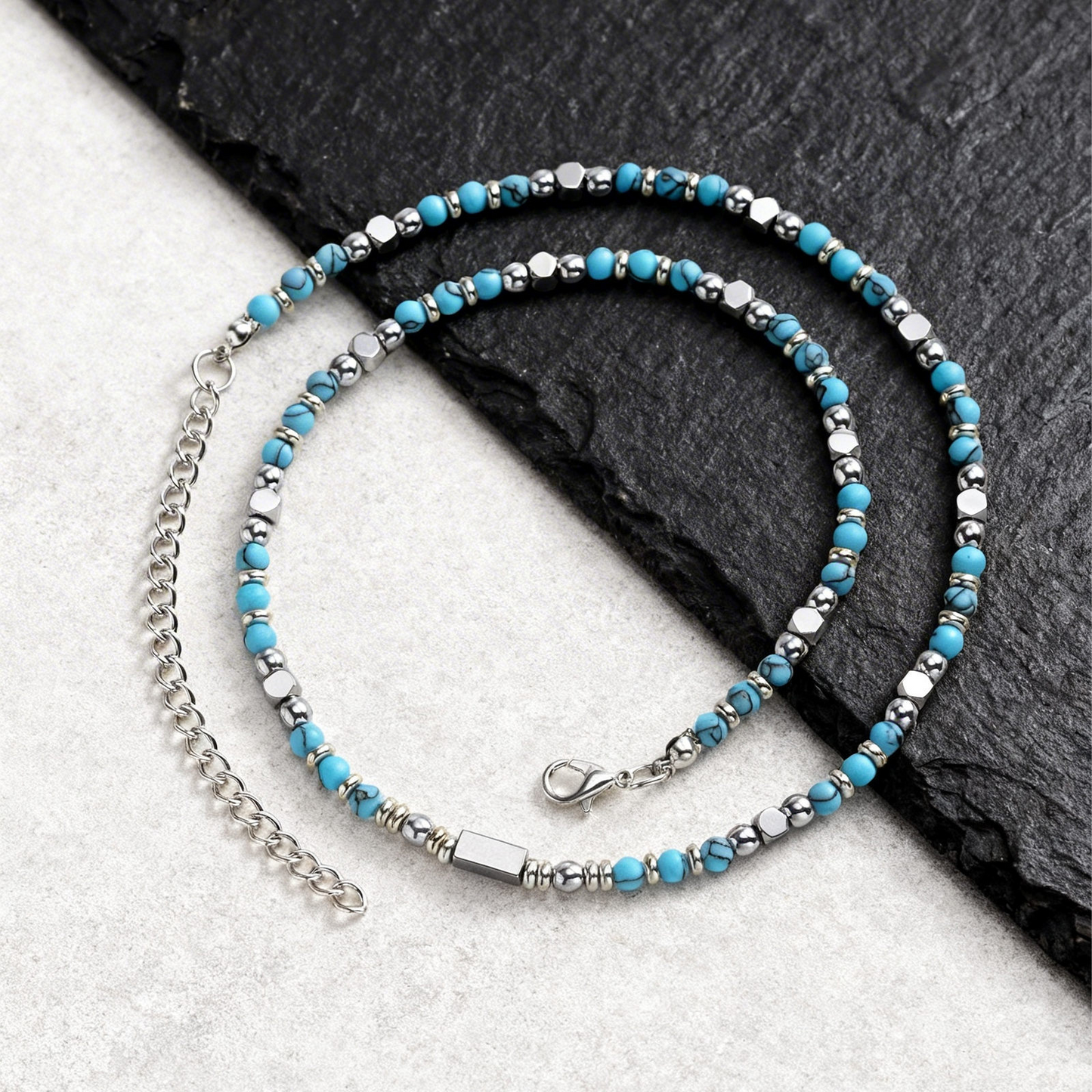 Kemstone Beaded Necklace Stainless Steel Bar Mixed Stone Malachite Turquoise for Men NC-2811