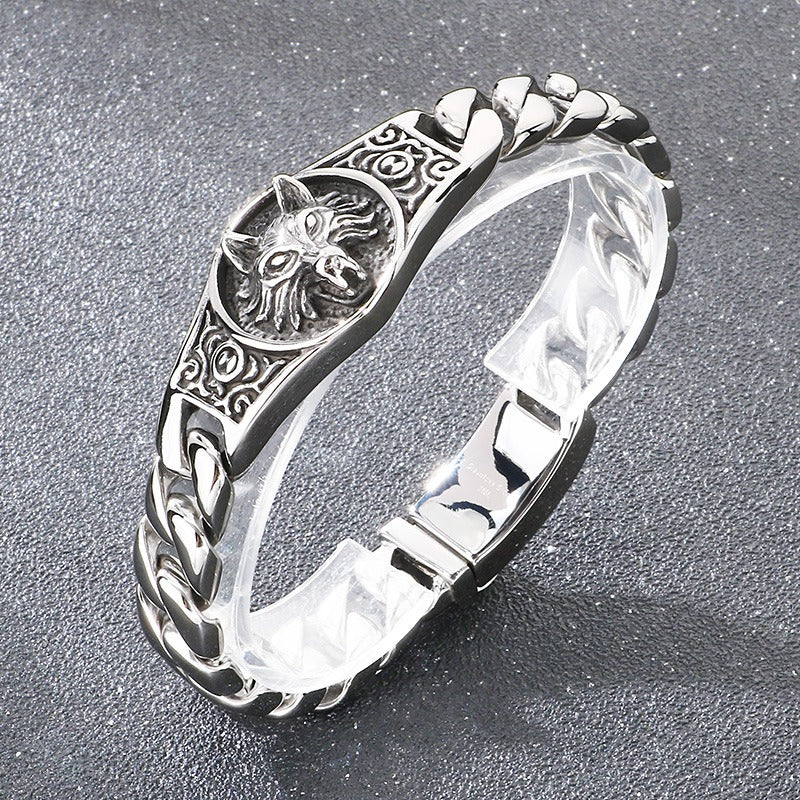 Kemstone Men’s Wolf Head Bracelet – Titanium Steel Cuban Chain 220mm KB205184-KJX