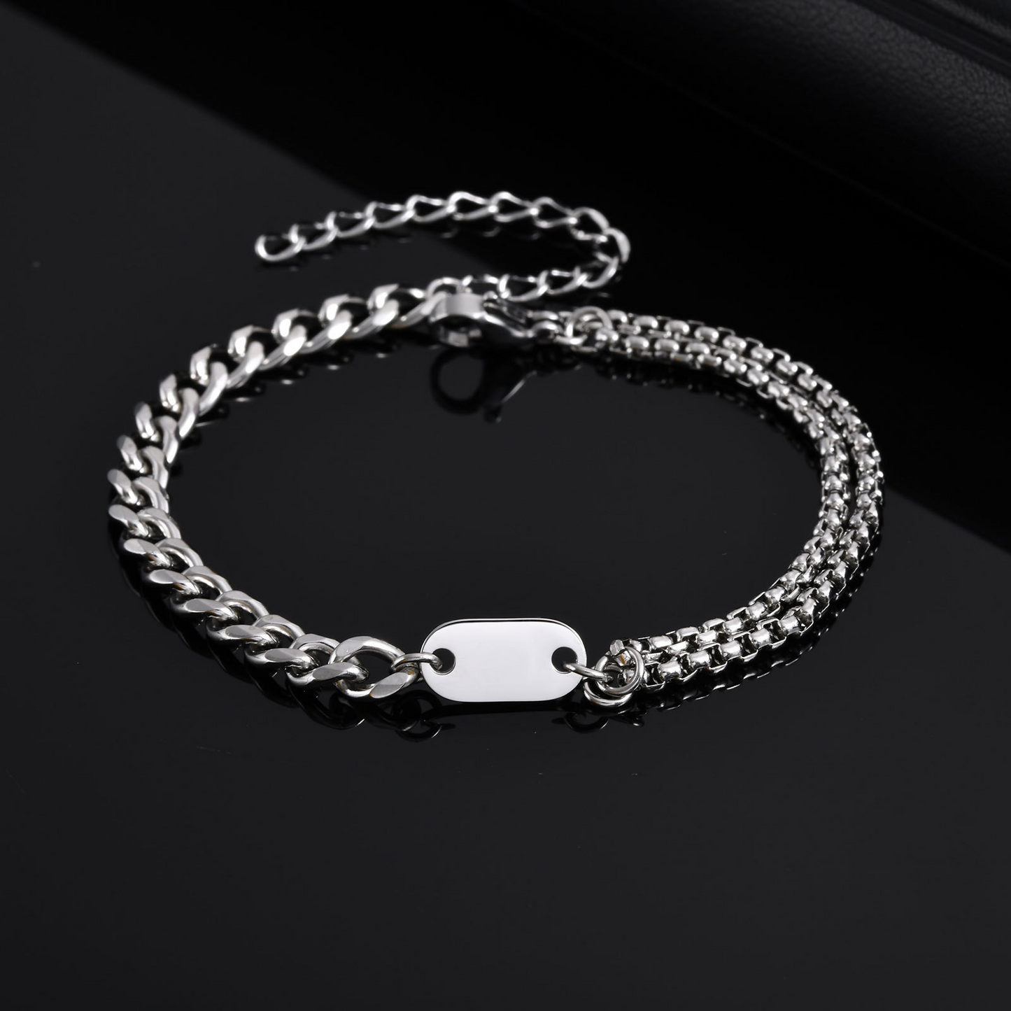 Kemstone Stainless Steel Double Chain Bracelet with Oval Plate for Men – Minimal Layered Link BR-1969