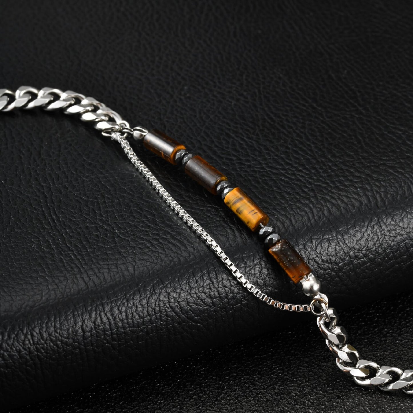 Kemstone Tiger Eye Beaded Bracelet for Men Stainless Steel Layered Chain BR-2922
