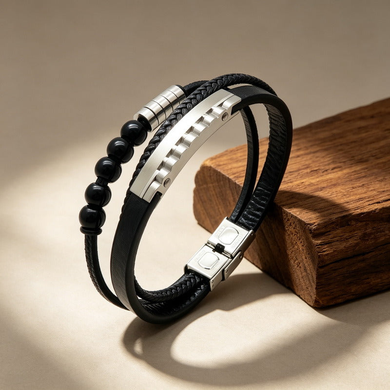 Kemstone Multi-Layer Braided Leather Bracelet for Men Beaded Titanium Steel KB147788-KLHQ