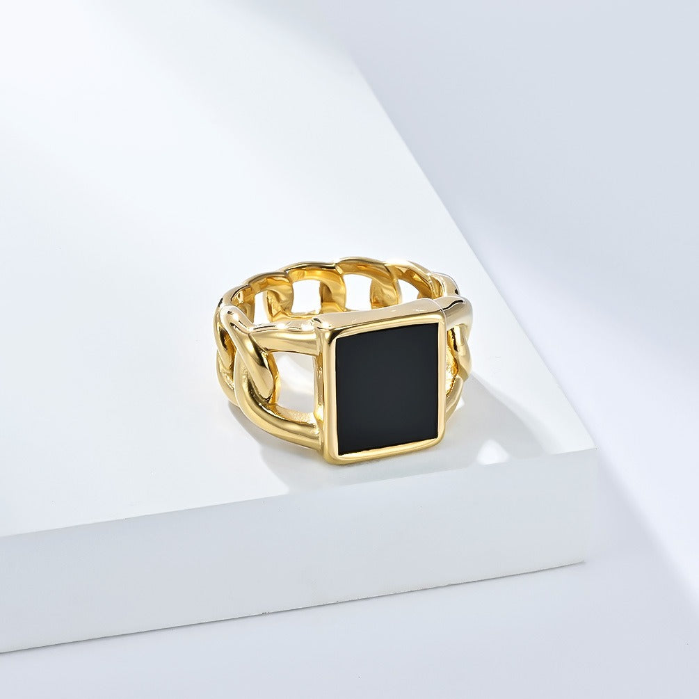 Kemstone Men’s Titanium Steel Cuban Chain Ring – Tiger Eye & Black Stone Jewelry K-R998