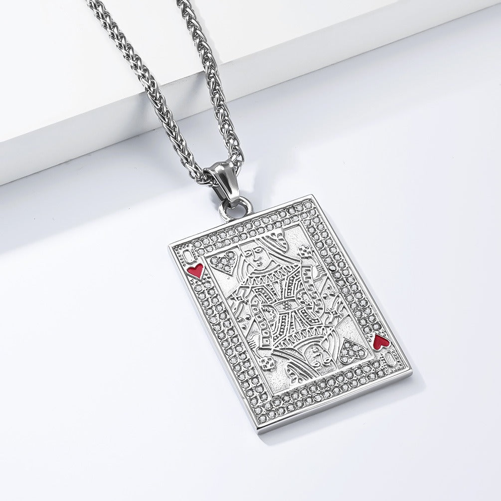 Kemstone Stainless Steel Playing Card Pendant Necklace for Men Women Iced Heart King K-PT719