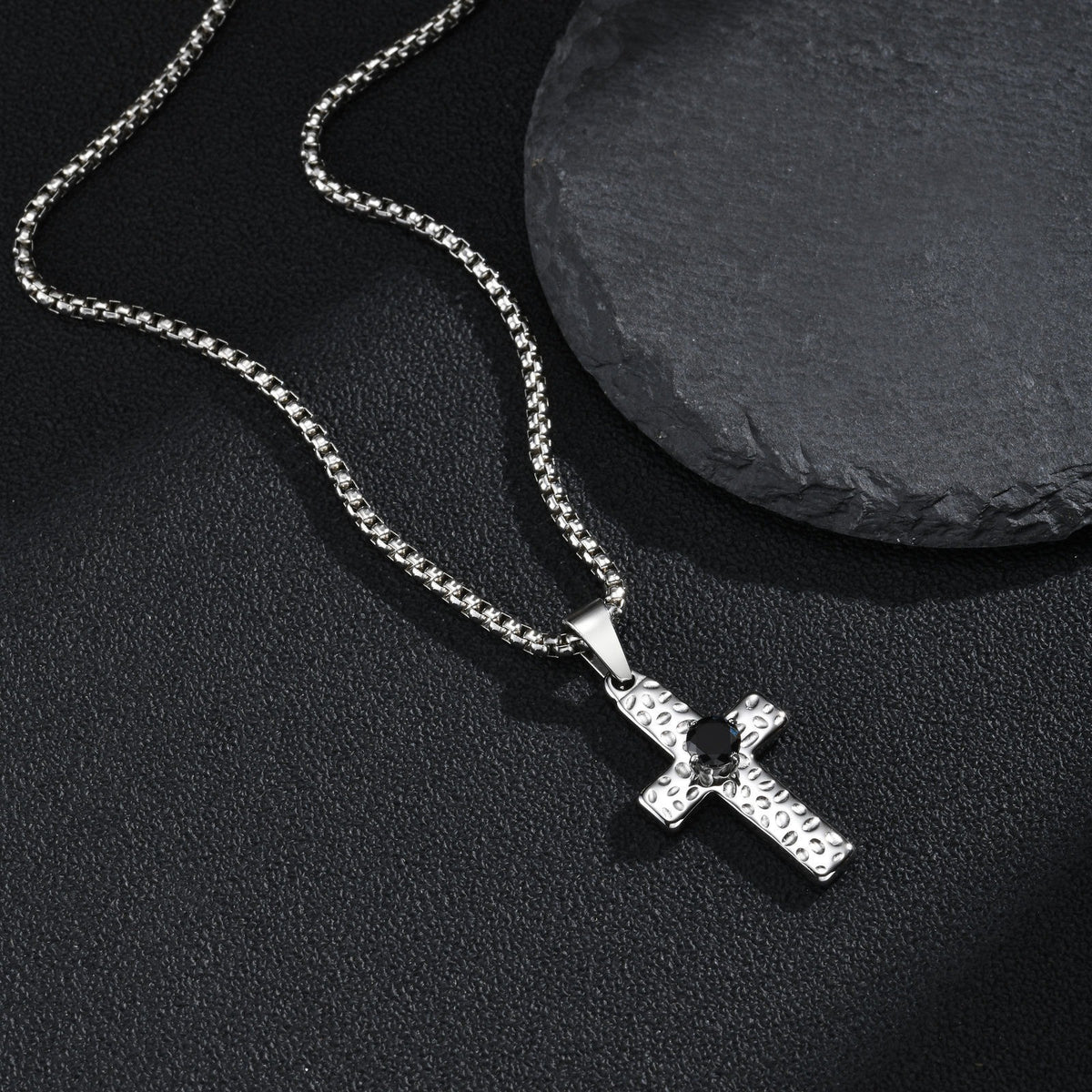 Kemstone Stainless Steel Hammered Cross Necklace for Men Cubic Zirconia Center PN-247