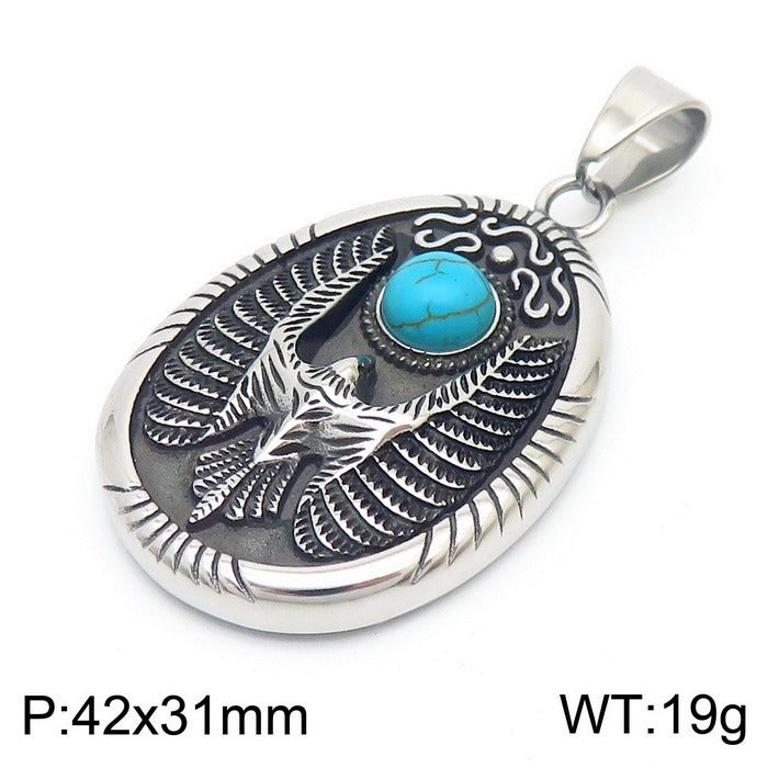 Kemstone Turquoise Eagle Amulet Necklace – Tribal Cross & Evil Eye Pendant for Men, Gothic Streetwear Jewelry KP100398