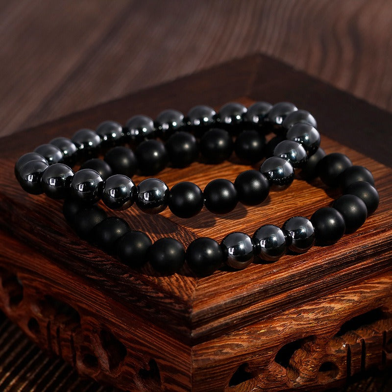 Kemstone Gray Ironstone & Matte Black Agate Bracelet - Handcrafted Men's Zen-Inspired Beads KB109671