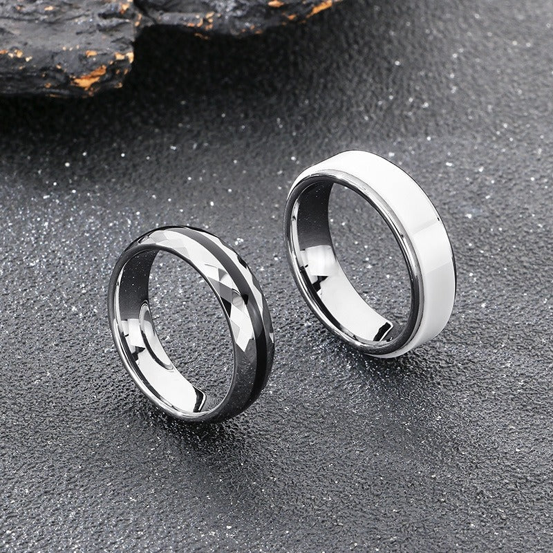 Kemstone Tungsten Steel Ring for Men & Women – Ceramic Inlay / Faceted Black Enamel Band 6mm 7mm KR114248-TS