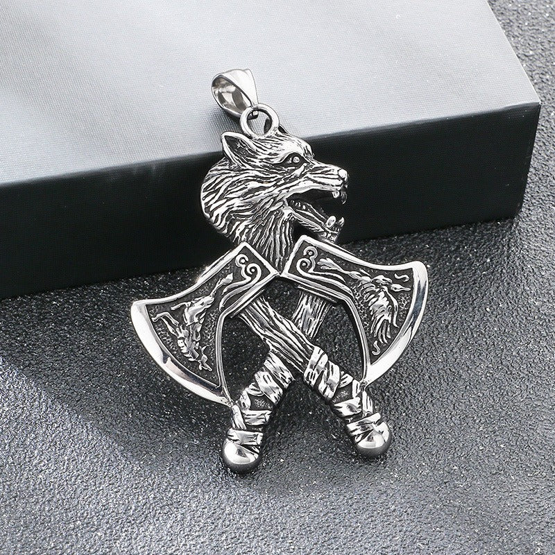 Kemstone Viking Axe Pendant Necklace Titanium Steel Wolf Head Celtic Knot Style for Men Silver KP117026-LU