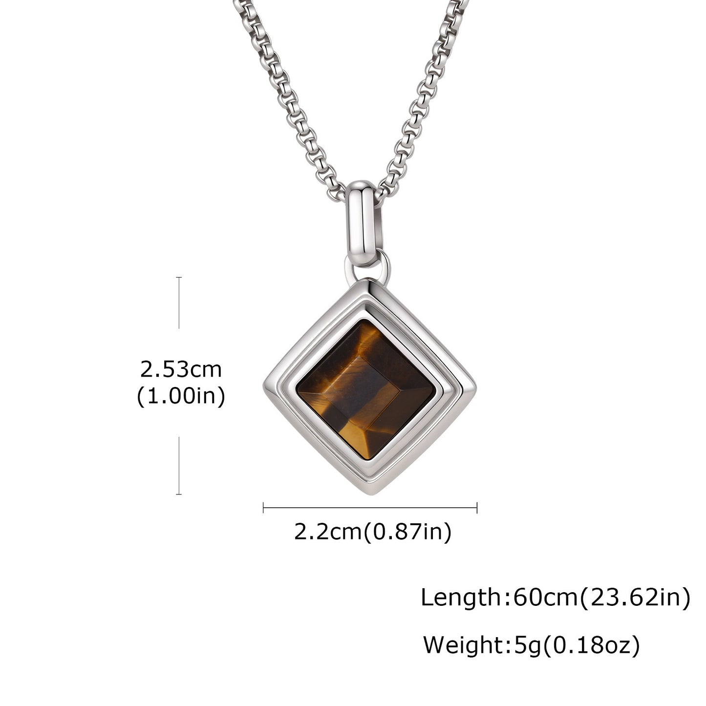 Kemston Tiger Eye Square Pendant Necklace for Men Stainless Steel Geometric Stone Design PN-2436