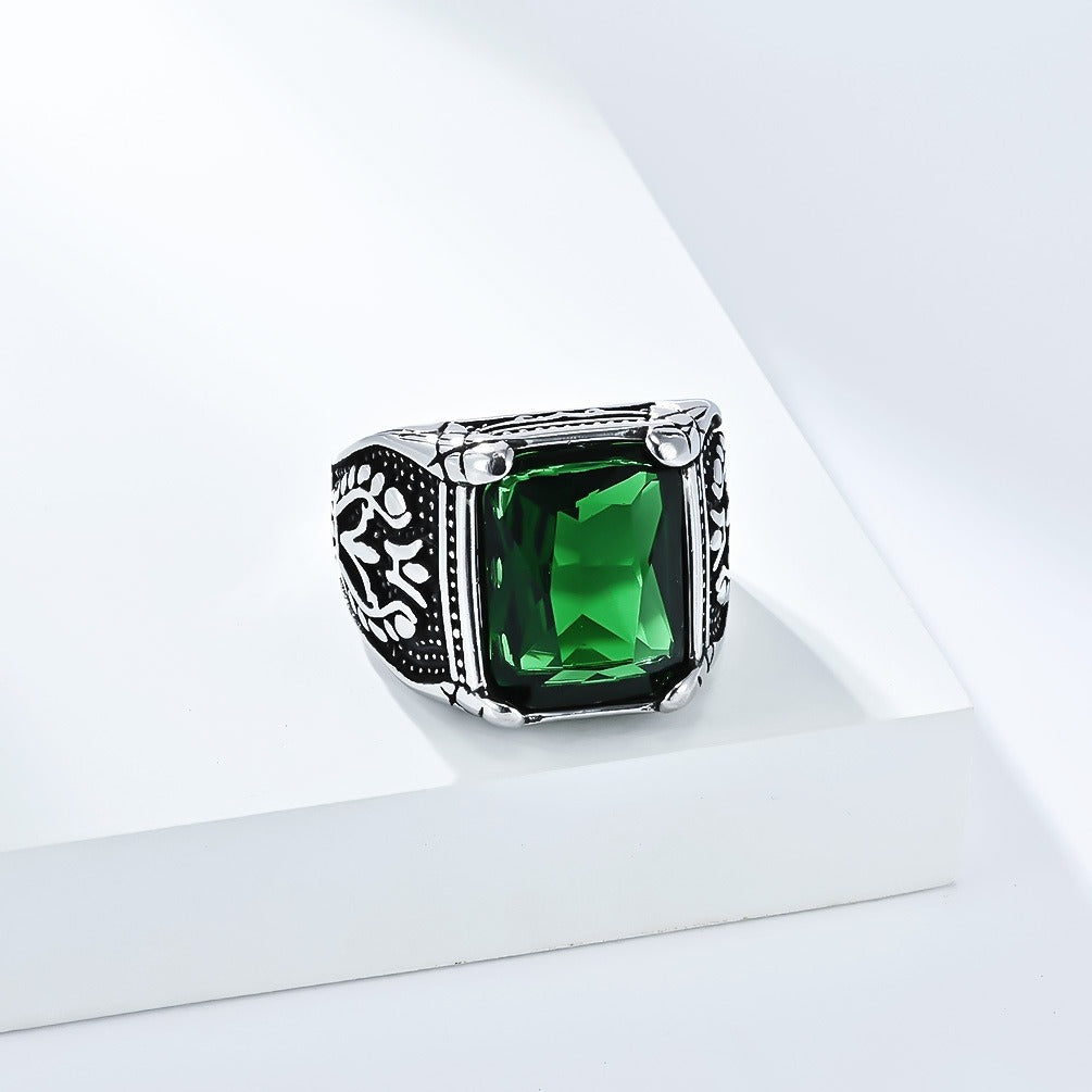 Kemstone Men’s Stainless Steel Ring – Vintage Tulip Glass Stone K-R1014