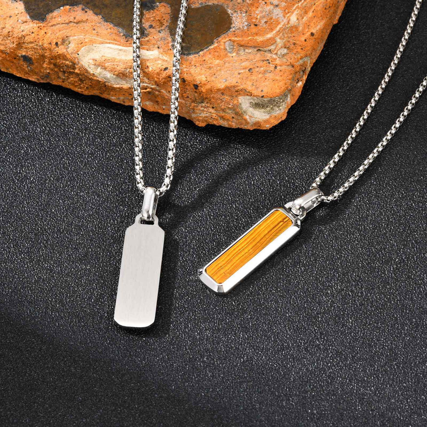 Kemstone Tiger Eye Pendant Necklace for Men – Stainless Steel Bar Necklace PN-2226