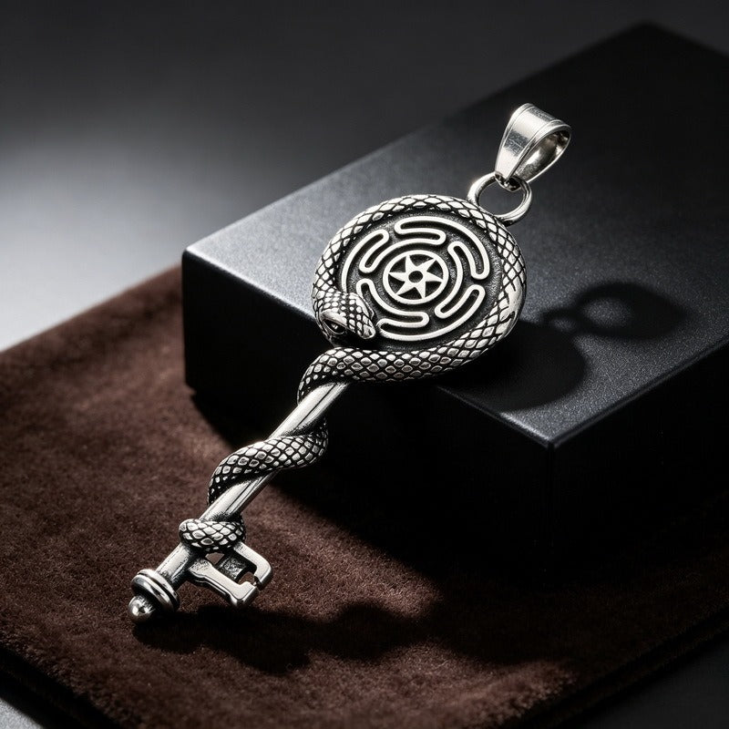 Kemston Stainless Steel Snake Wrap Rune Key Pendant Necklace for Men Gothic Labyrinth Symbol Key Charm KP118633-LU