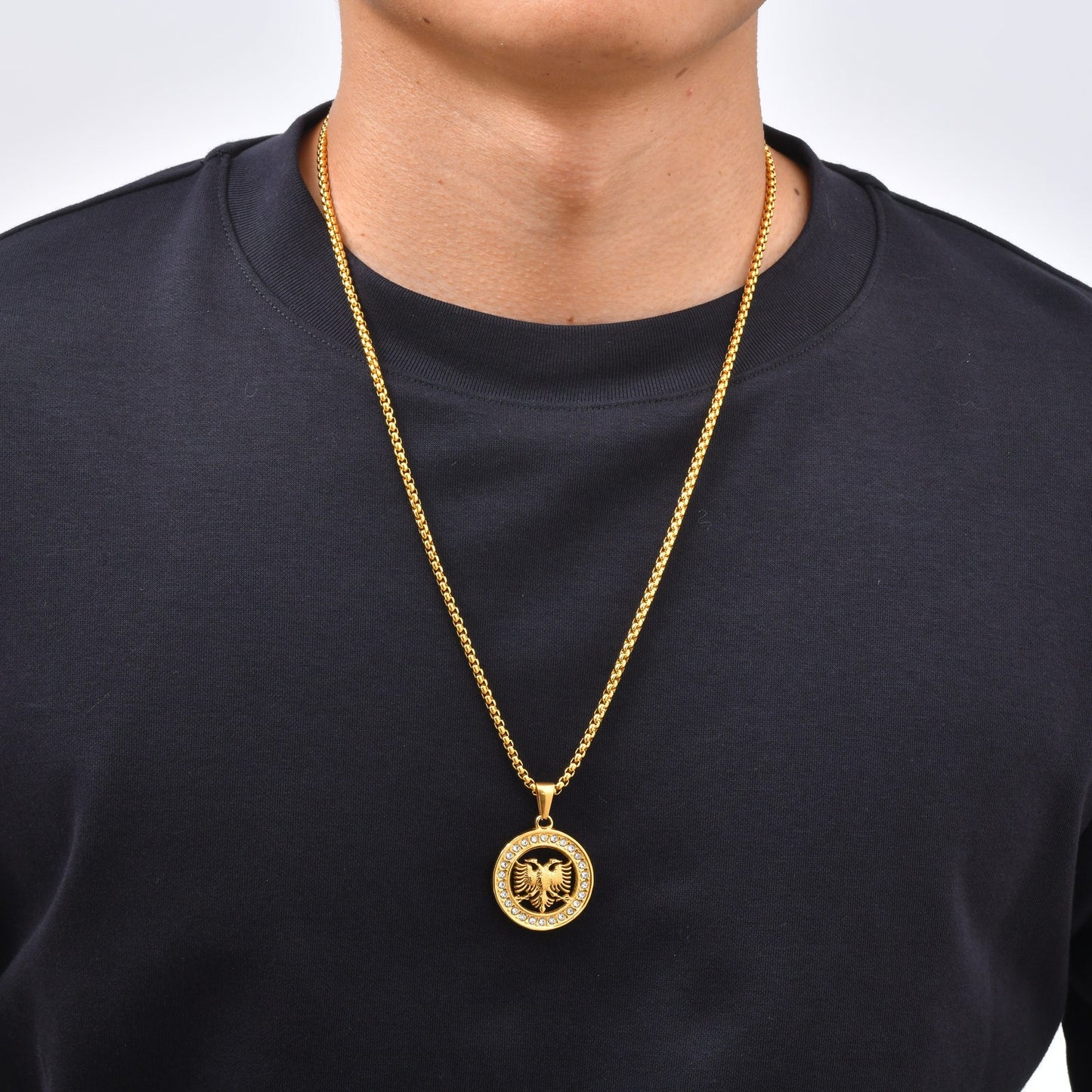 Kemstone Double Headed Eagle Pendant Necklace for Men Stainless Steel Round Medallion PN-2427