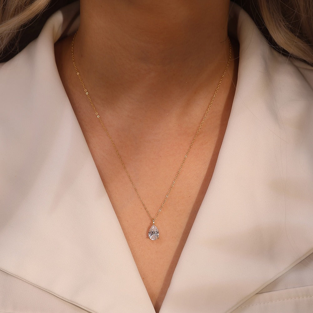Kemstone 925 Sterling Silver Pear Pendant Necklace for Women Cubic Zirconia Gold Silver LZN04
