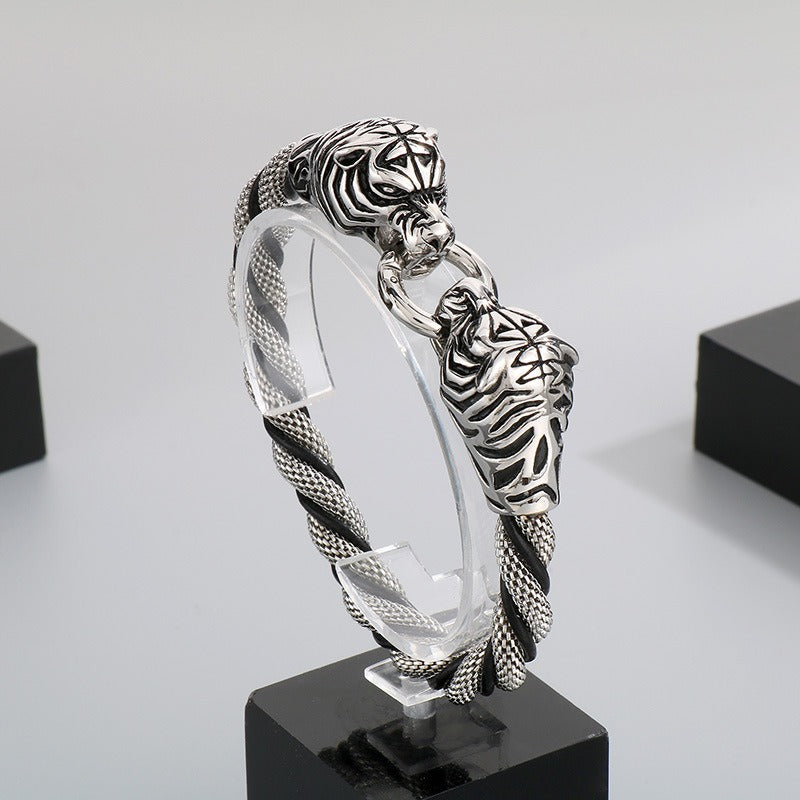 Kemstone Titanium Steel Leather Bracelet for Men Vintage Dragon Tiger Anchor Clasp KB87977-BD