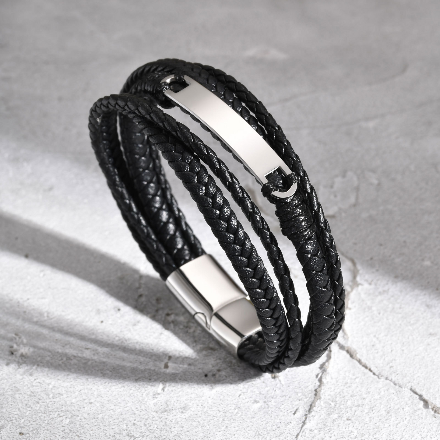 Kemstone Stainless Steel Curved Plate Multi-Layer PU Leather Bracelet for Men – Black Double Wrap Design BL-783