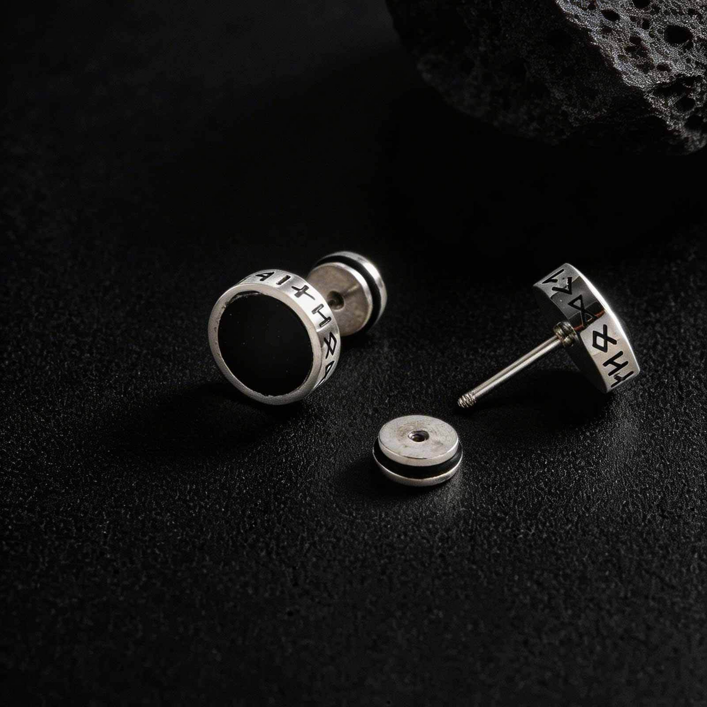Kemstone Stainless Steel Tiger Eye Stud Earrings – Round Rune Edge Design for Men ES-784
