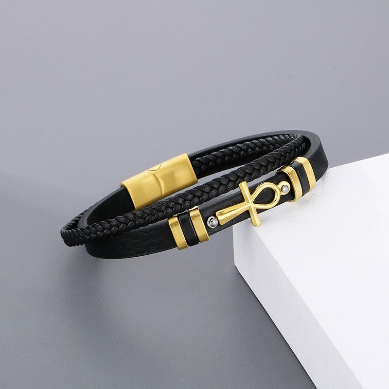 Kemstone Layered Leather Bracelet for Men Stainless Steel Cross Detail KB180738-JR