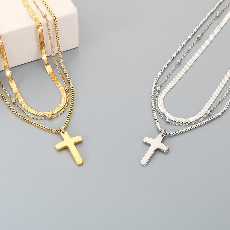 Kemstone Titanium Steel Cross Pendant Multi Chain Necklace Snake Chain Box Chain for Men & Women Gold Silver KN292221-Z