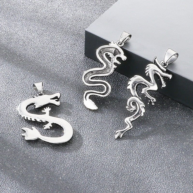 Kemstone Dragon Pendant Necklace for Men Titanium Steel Vintage Oxidized Silver Animal Chain KP117731-LU
