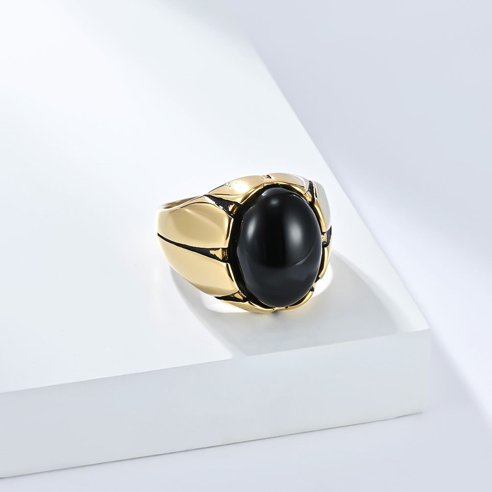 Kemstone Men’s Stainless Steel Oval Stone Ring – Black Stone & Tiger Eye K-R999