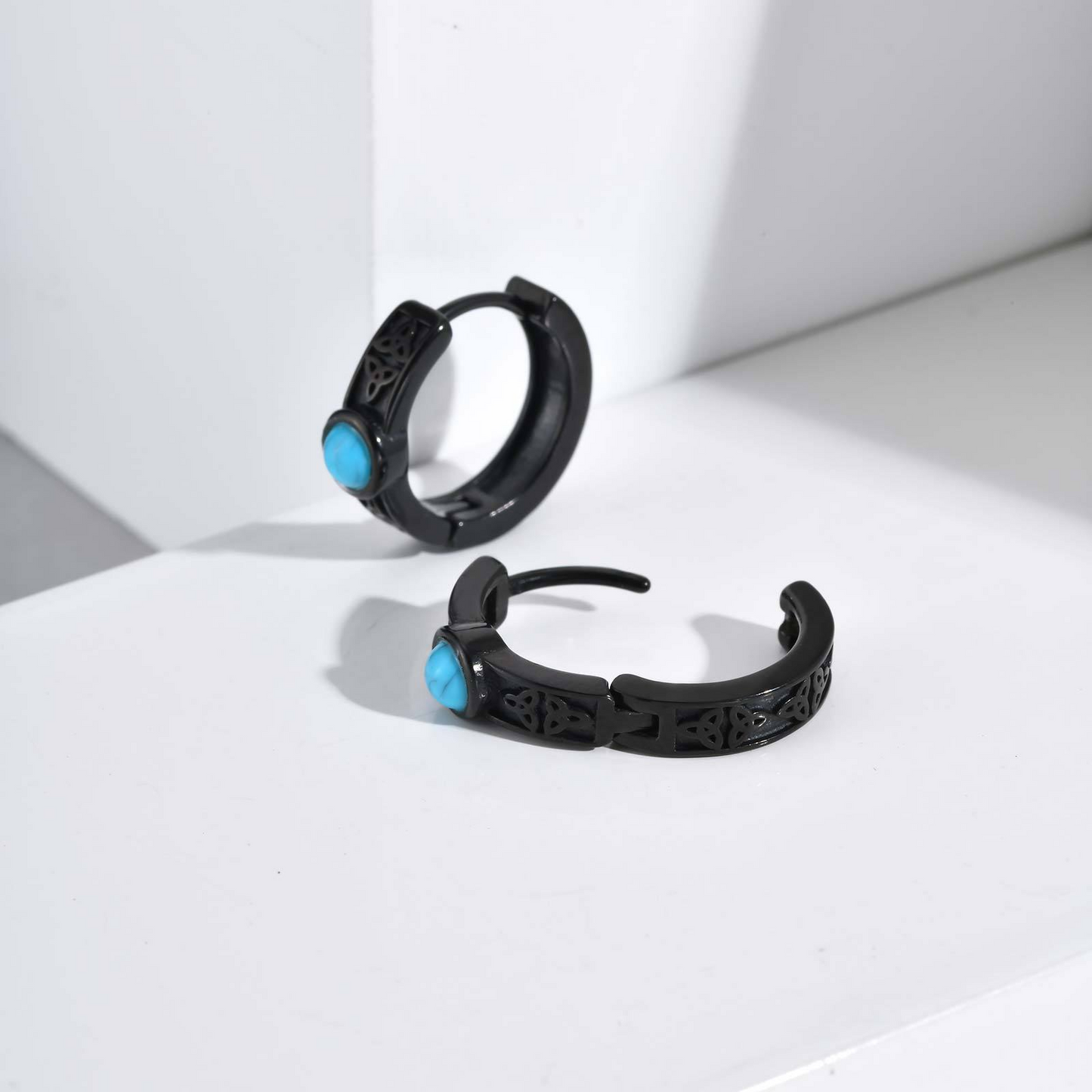 Kemstone Men’s Stainless Steel Turquoise Hoop Earrings Celtic Knot  EH-748
