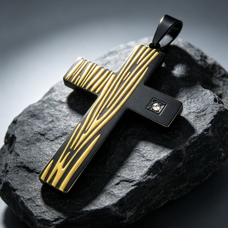 Kemstone Wood Grain Cross Pendant Necklace for Men Stainless Steel Cubic Zirconia Accent KP119491-HR