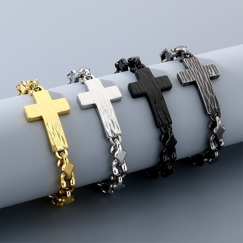 Kemstone Cross Bracelet for Men Titanium Steel Hammered Texture Gold Silver Black KB211655-KFC