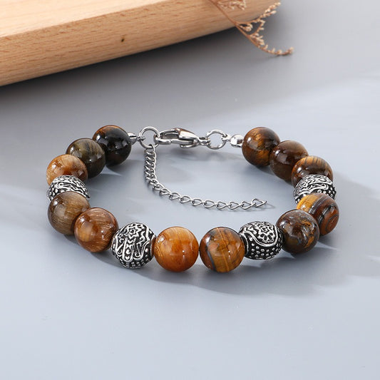 Kemstone Tiger Eye Natural Stone Beaded Bracelet Stainless Steel Adjustable for Men Women KB210156-Z
