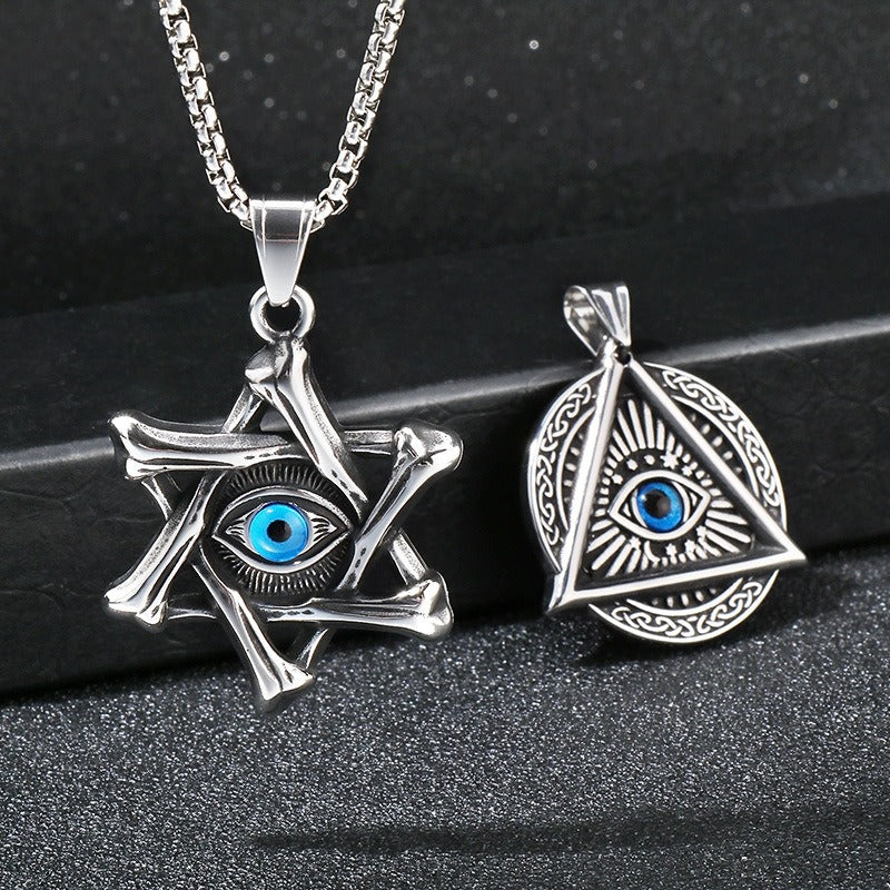 Kemstone Punk Triangle Chain Pendant - Vintage Hexagram Evil Eye Stainless Steel Necklace, Retro Bohemian Men's Fashion Accessory KP119884-MI
