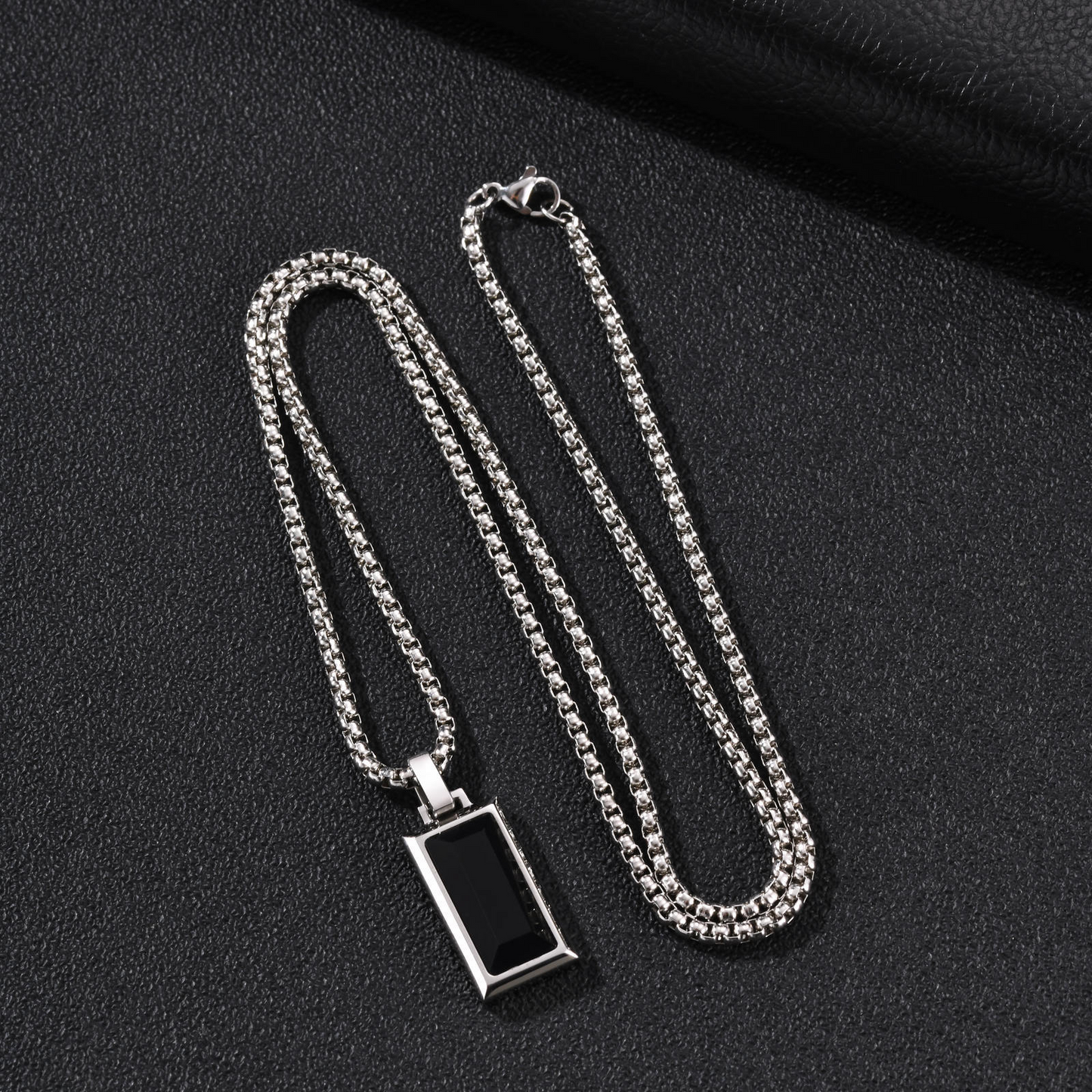 Kemston Rectangular Black Agate Pendant Necklace for Men Stainless Steel Vintage PN2379