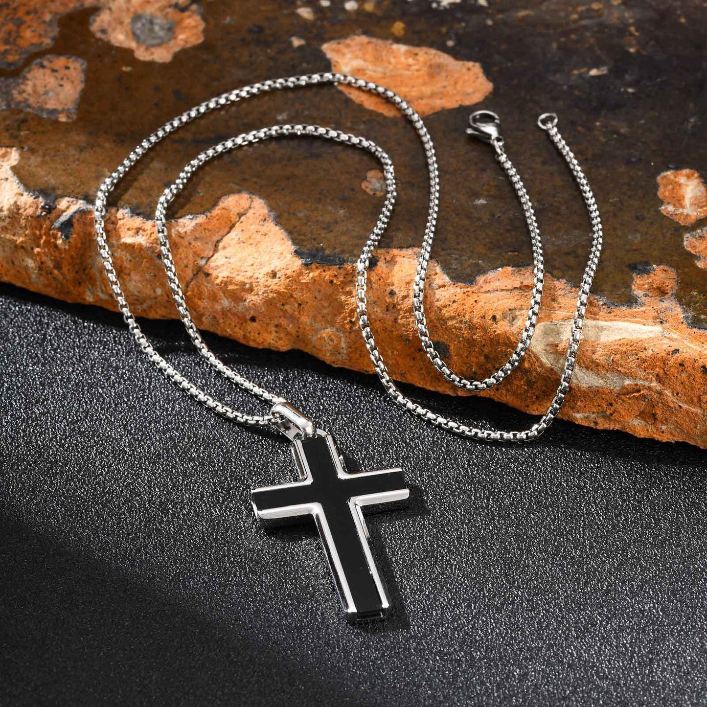 Kemstone Stainless Steel Cross Pendant Necklace – Tiger Eye & Turquoise Inlay for Men PN-2224