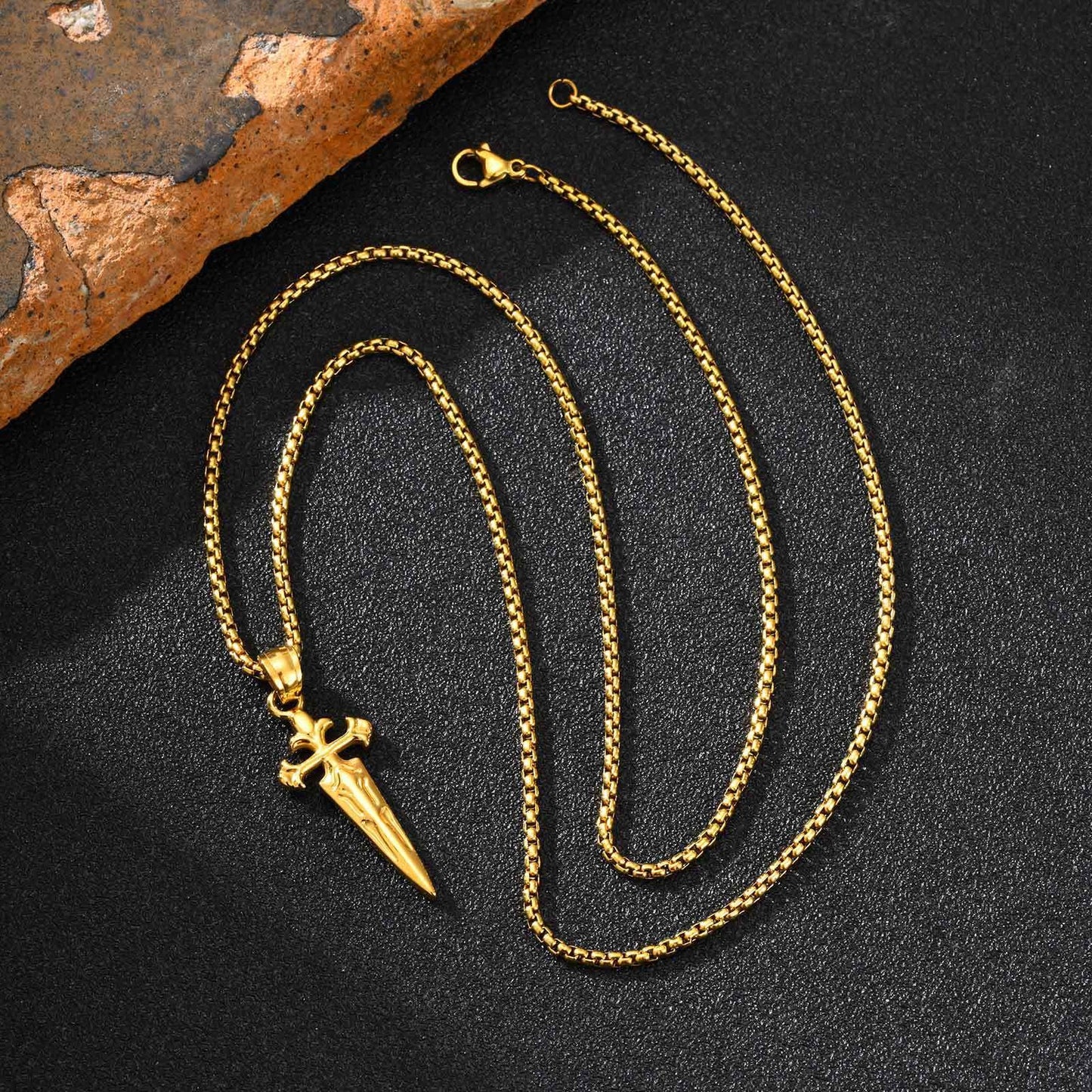 Kemstone Stainless Steel Sword Cross Pendant Necklace – Gold Silver for Men PN-2241