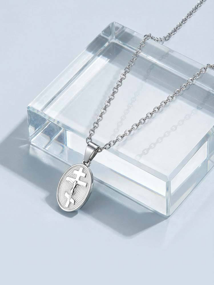 Kemstone Vintage Cross Oval Pendant Necklace Stainless Steel for Men & Women PN-2335