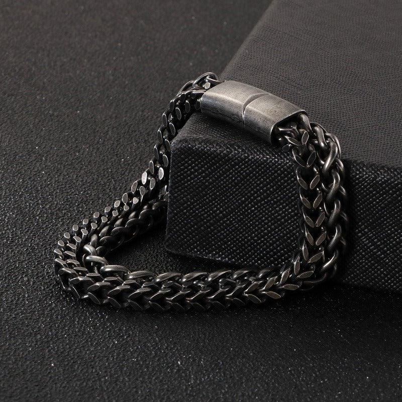 Kemstone Retro Hammered Barbell Titanium Steel Bracelet for Men: Vintage Style with Double Chain Detail KB123280