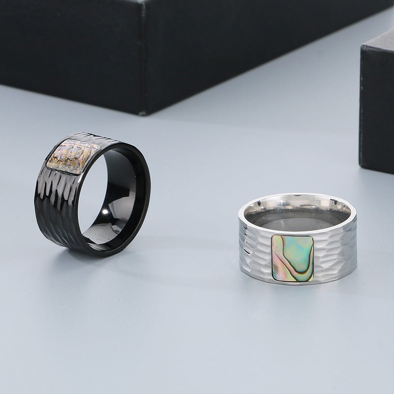 Kemstone Men’s Abalone Shell Ring – Hand-Hammered Stainless Steel Band KR110050