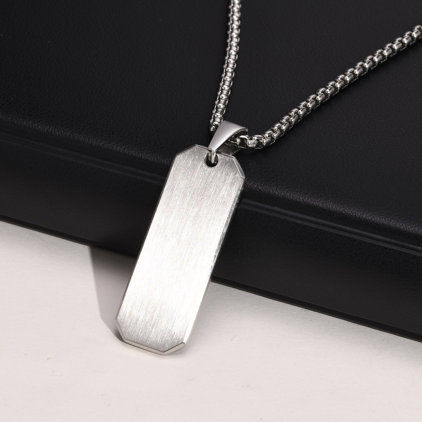 Kemstone Blank Tag Pendant Necklace – Stainless Steel Beveled Rectangle for Men PN-1822