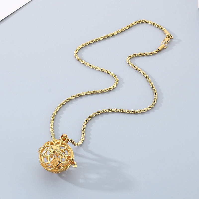 Kemstone Titanium Steel Aroma Locket Pendant – Hollow Sphere Necklace KP79561G-TOM