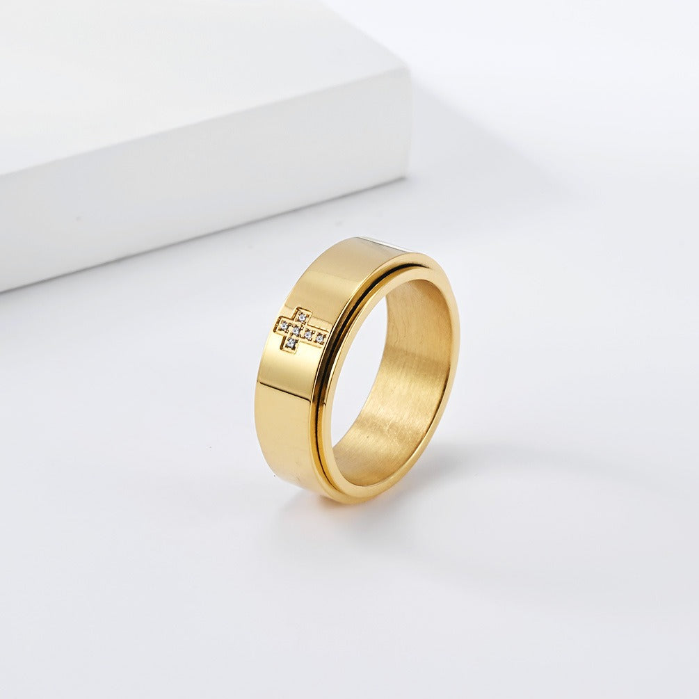 Kemston Rotating Cross Ring for Men & Women Stainless Steel Small Stone Detail K-R1220