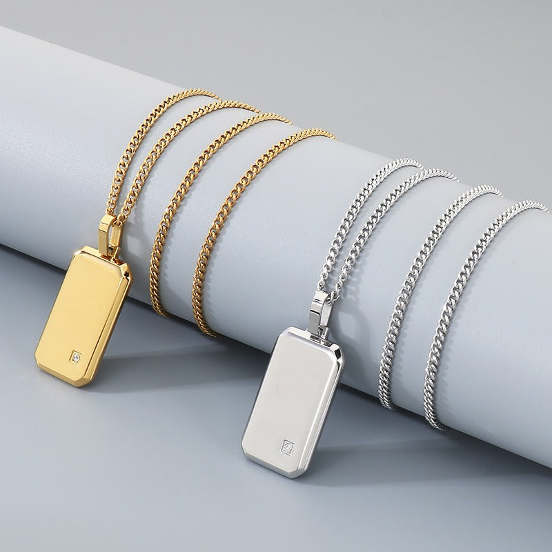 Kemstone Titanium Steel Tag Pendant Necklace for Men Minimalist Rectangular Cubic Zirconia KN301519-KFC