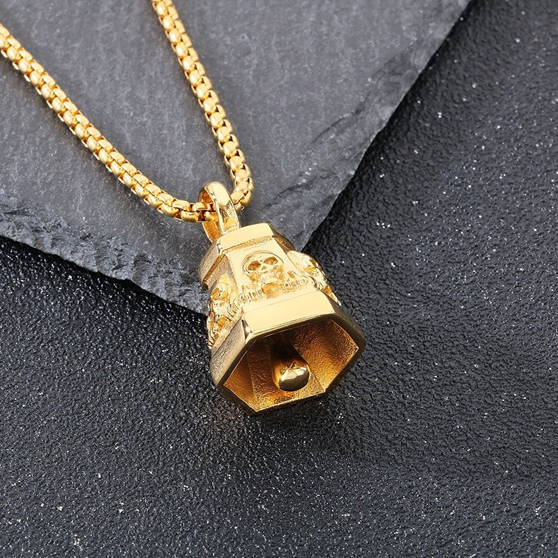 Kemstone Titanium Steel Skull Bell Pendant Necklace for Men Hexagon Gothic Silver Gold KP115582-KJX