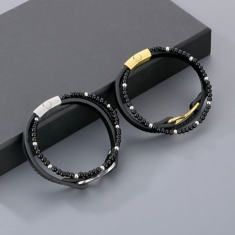 Kemstone Layered Leather Beaded Infinity Bracelet for Men Stainless Steel Clasp Wristband KB180750-JR