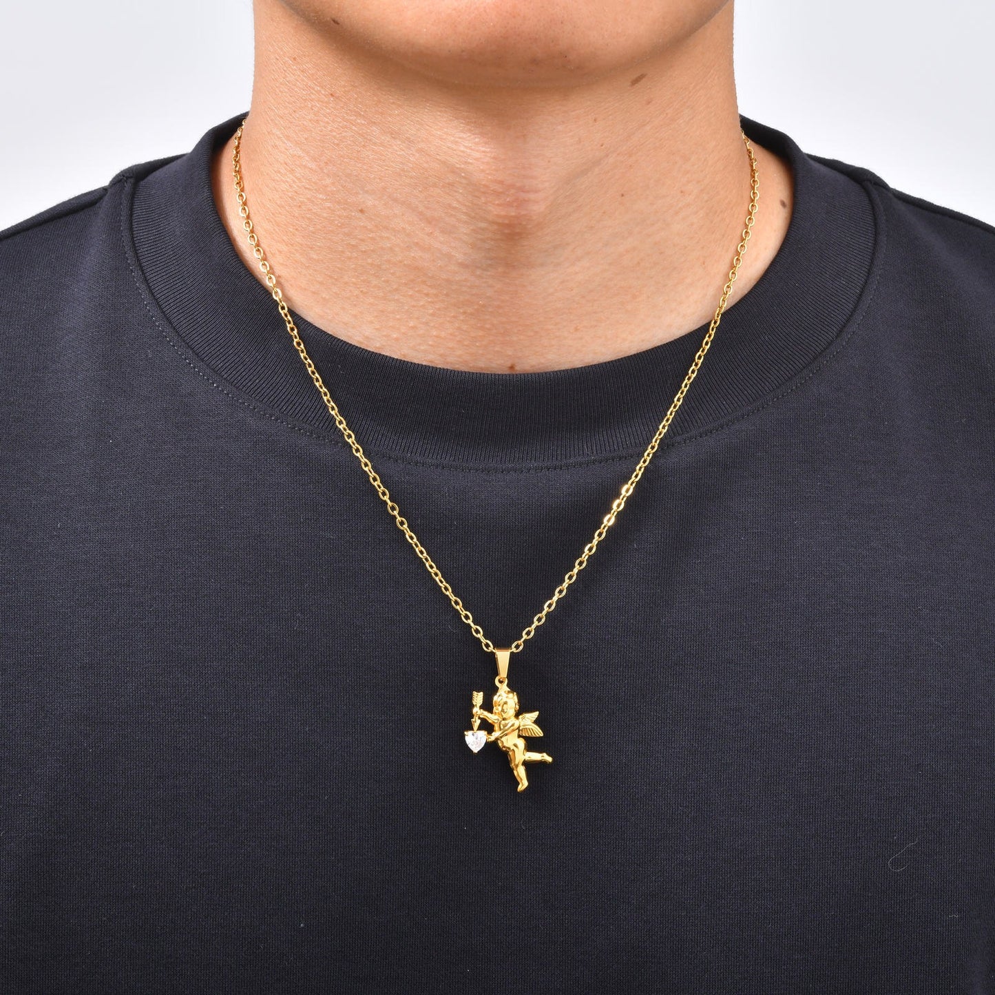 Kemstone Cupid Pendant Necklace for Men & Women Gold Plated Stainless Steel Heart Accent PN-2279
